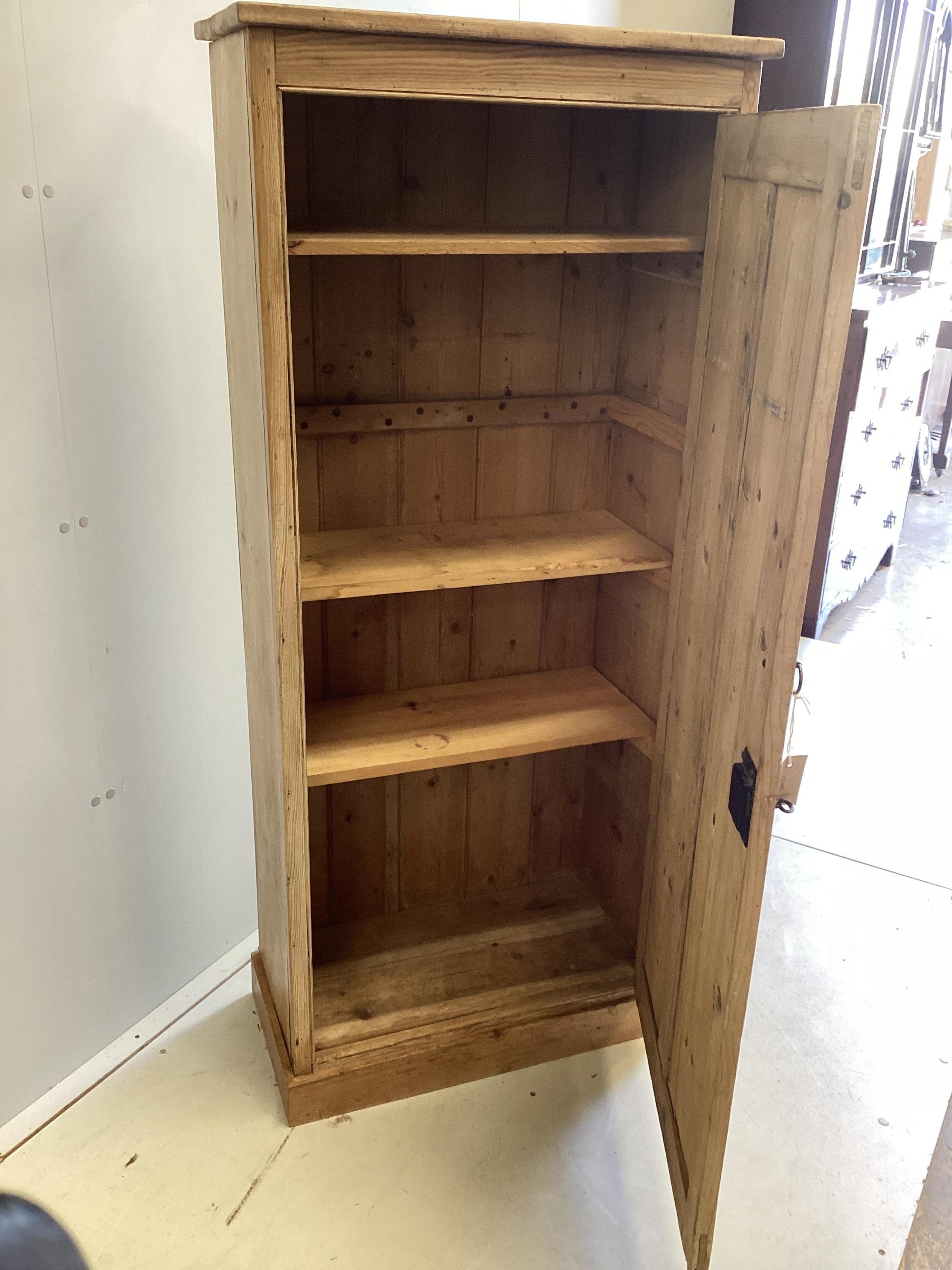 A Victorian pine hall cupboard, width 65cm, depth 31cm, height 152cm. Condition - fair